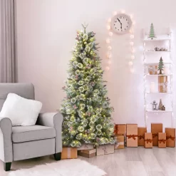 Holiday Living 6.5-ft Slim Flocked Frost Berry Mixed Needle Pre-lit LED Artificial Christmas Tree