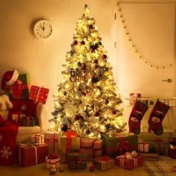 VEIKOUS 6-ft Pre-lit Flocked White Artificial Christmas Tree with White LED Lights