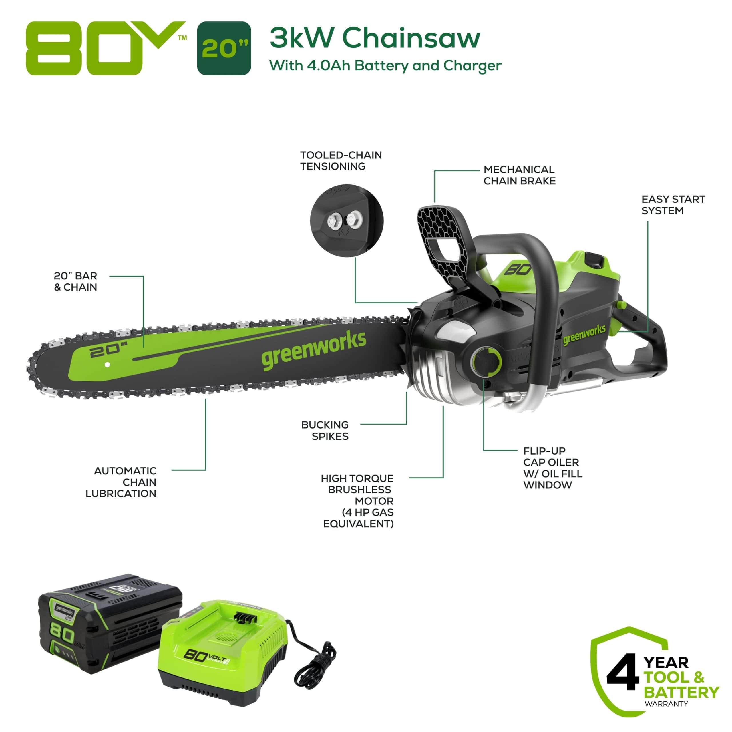 Greenworks 80-volt 20-in Battery 4 Ah Chainsaw (Battery and Charger Included)