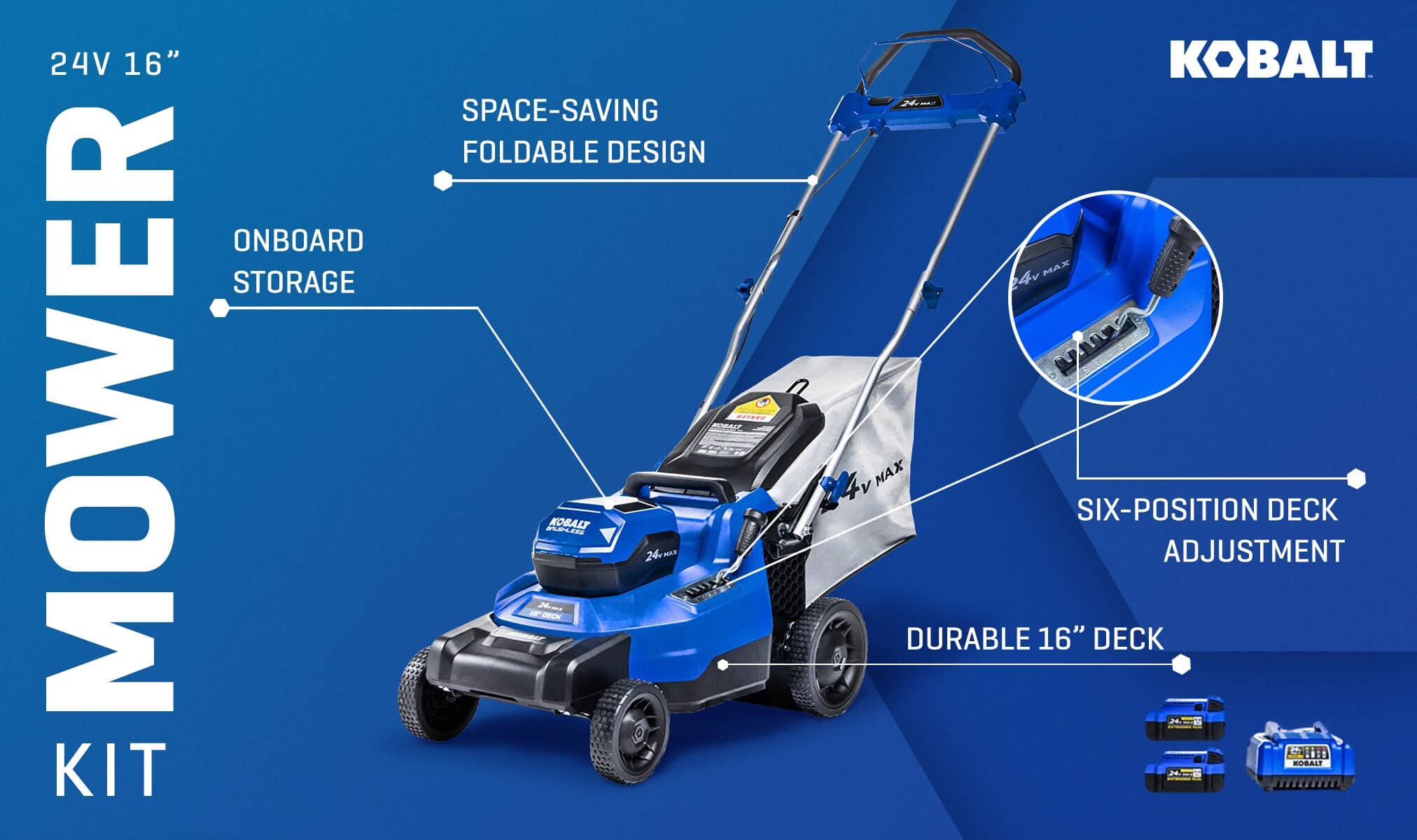 Kobalt 24-volt 16-in Cordless Push Lawn Mower 4 Ah Bagger Sold Separately (2-Batteries and Charger Included) - Image 2
