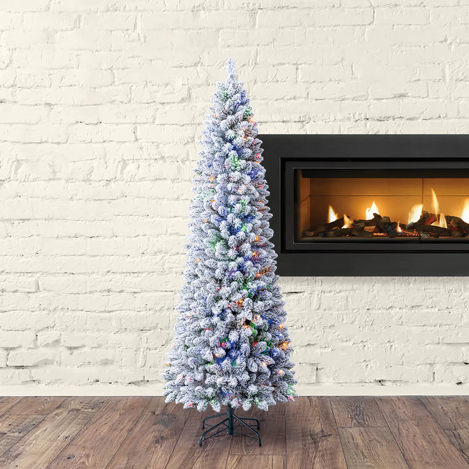 Holiday Living 7-ft Flocked Greensboro Pencil Pre-lit LED Artificial Christmas Tree