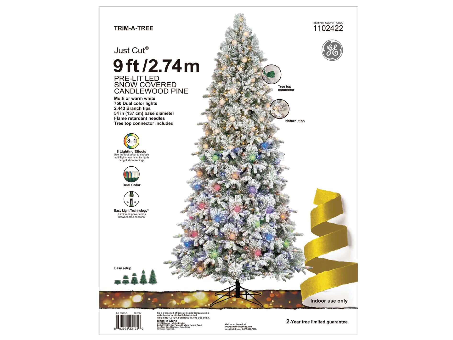GE 9-ft Flocked Candlewood Pine Pre-lit LED Artificial Christmas Tree