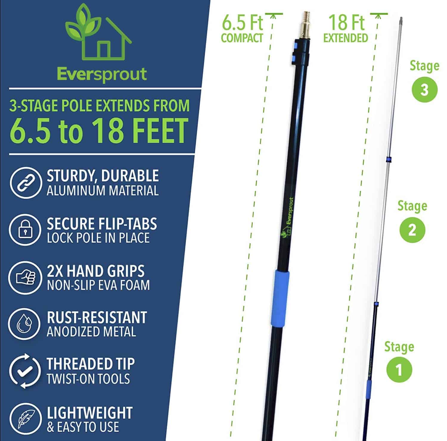 EVERSPROUT Never-Scratch SnowBuster 6.5-to-18 Foot (Up to 24 ft Standing Reach), Pre-Assembled Extendable Roof Rake