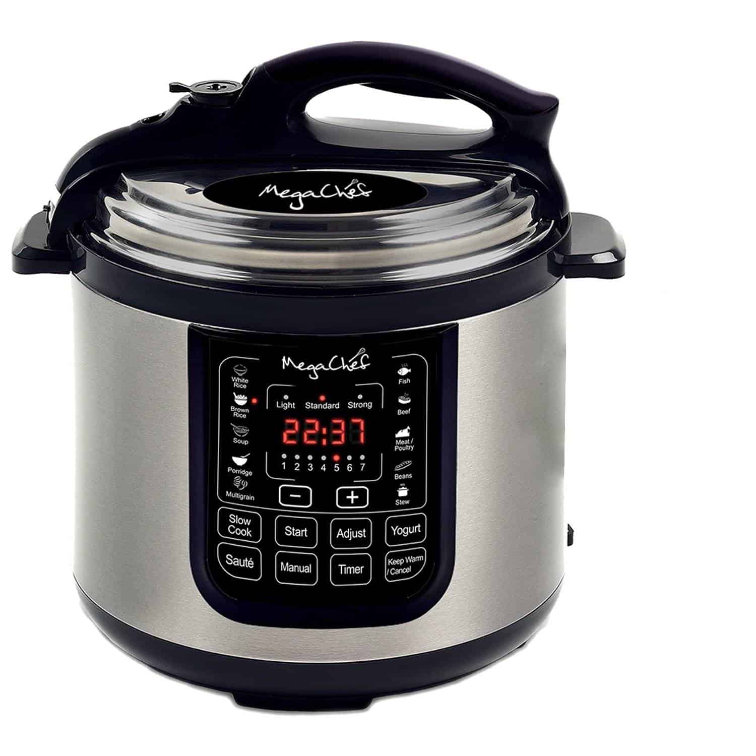 MegaChef MCPR120A 8 Quart Digital Pressure Cooker with 13 Pre-set Multi Function Features, Stainless Steel