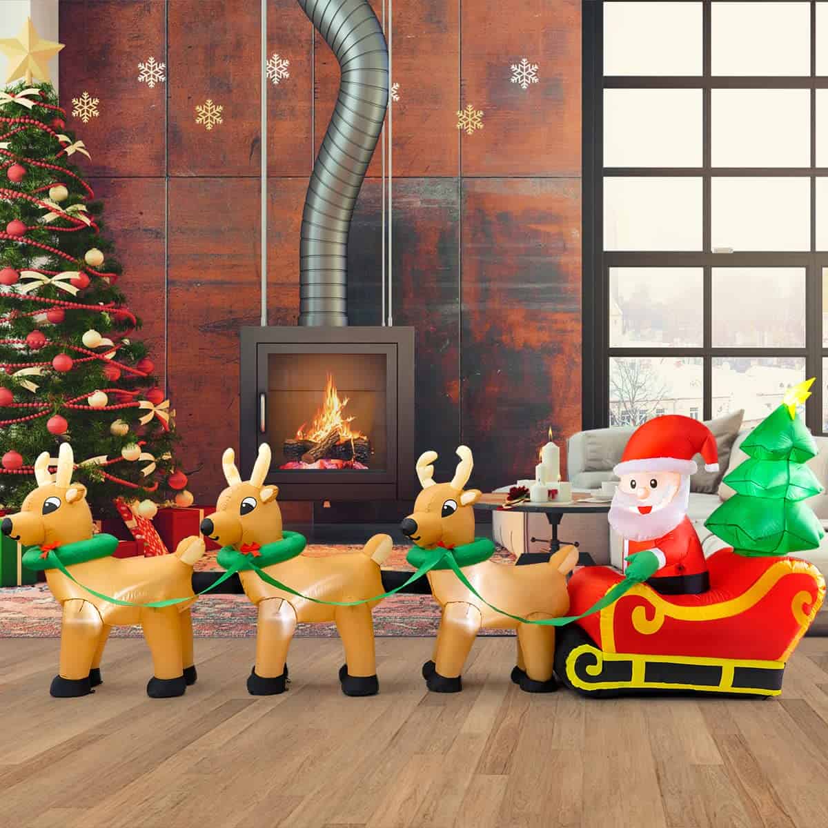 Cheringdful Outdoor Christmas Decorations,13 FT Lighted Christmas Inflatables Santa Claus on Sleigh with 3 Reindeer & Christmas Tree