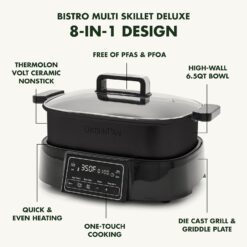 GreenPan 6.5QT Multi-Cooker Skillet Grill & Slow Cooker, 8-in-1 Presets to Saute,Steam, Grill, Stew, Stir-Fry,Heat, & Cook Rice, Matte Black