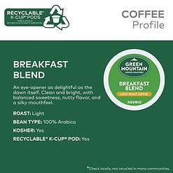 Green Mountain Coffee Roasters Breakfast Blend Single-Serve Keurig K-Cup Pods, Light Roast Coffee, 72 Count (6 Packs of 12)