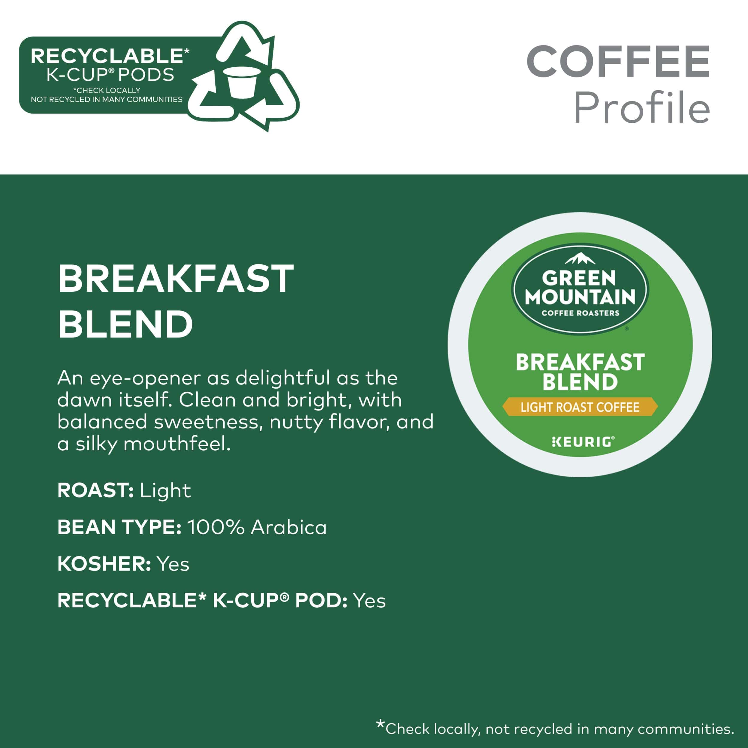 Green Mountain Coffee Roasters Breakfast Blend Single-Serve Keurig K-Cup Pods, Light Roast Coffee, 72 Count (6 Packs of 12)