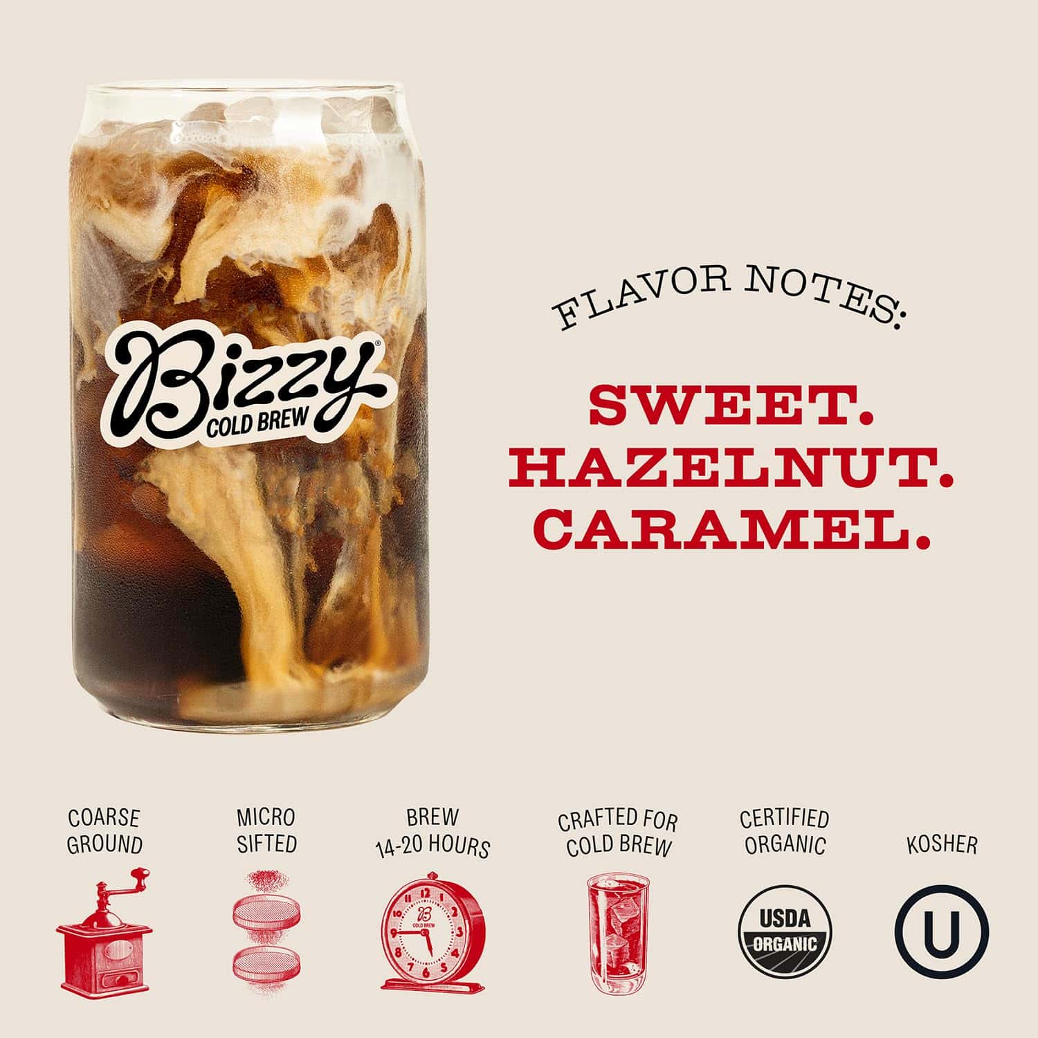 Bizzy Organic Cold Brew Coffee, Smooth & Sweet Blend, Coarse Ground Coffee, Medium Roast, Specialty Grade, 2 LB