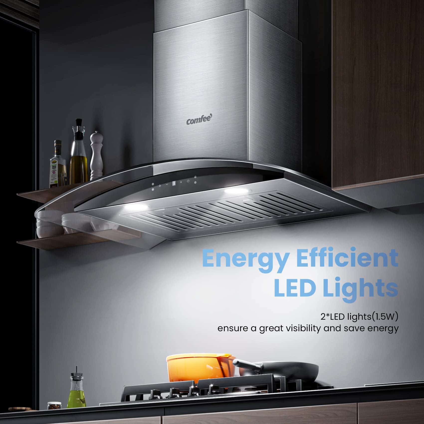 COMFEE Curved Glass Range Hood 30 Inch 450 CFM 3 Speed Gesture Sensing (CVG30W9AST)