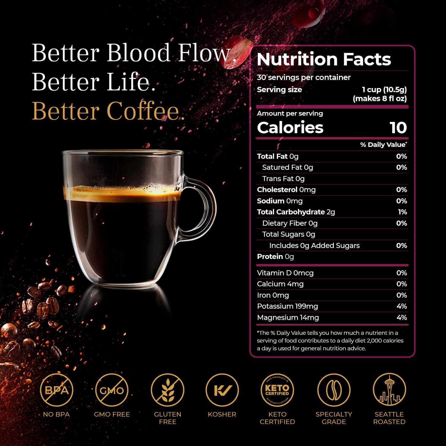 VINIA Blood Flow Energy Coffee Pods - Medium Roast Infused with Red Grape Piceid Resveratrol, 30 Count