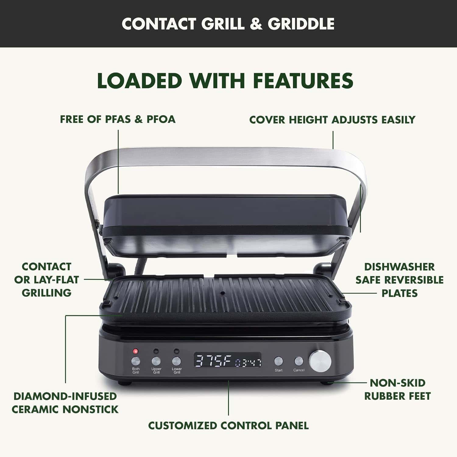 GreenPan 6-in-1 Multifunction Contact Grill & Griddle, Healthy Ceramic Nonstick Reversible Grill & Griddle Plates, Matte Black