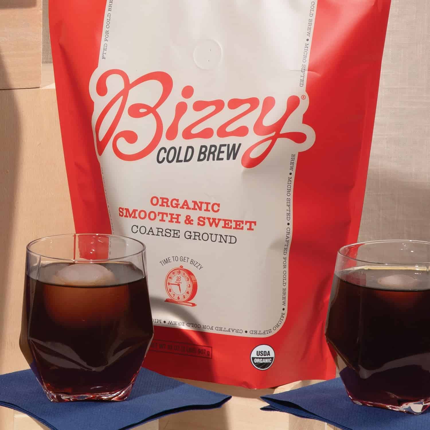 Bizzy Organic Cold Brew Coffee, Smooth & Sweet Blend, Coarse Ground Coffee, Medium Roast, Specialty Grade, 2 LB