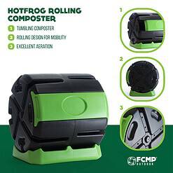 FCMP Outdoor HOTFROG Rolling 37-Gallon Single Chamber Batch Tumbling Composter, Black & Green