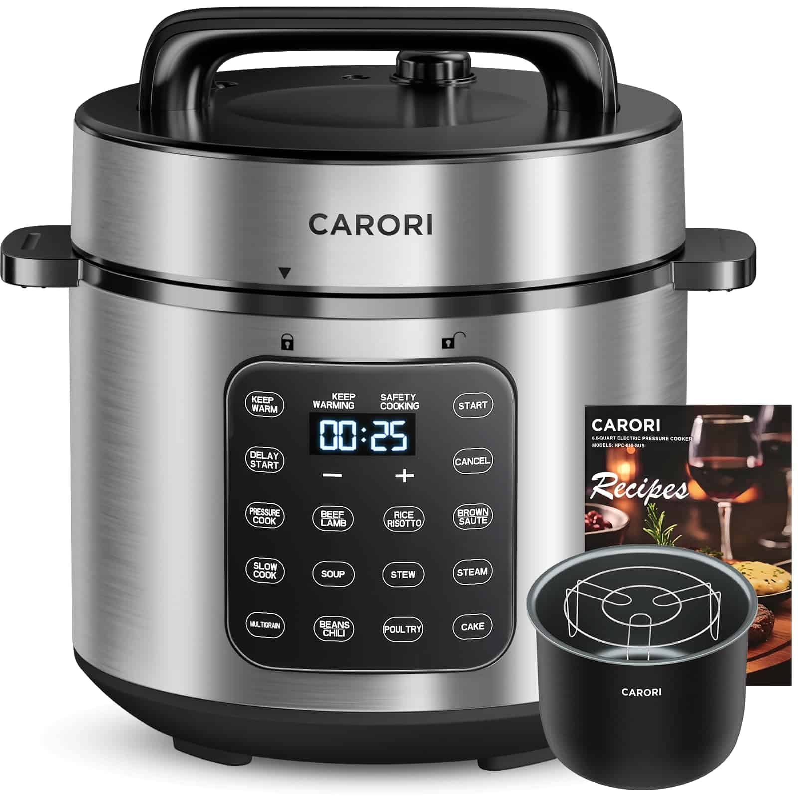 Carori 9-in-1 Electric Pressure Cooker 6 Qt, Programmable Multi-Function Cooker with Safer Venting Design, 1000W, Stainless Steel