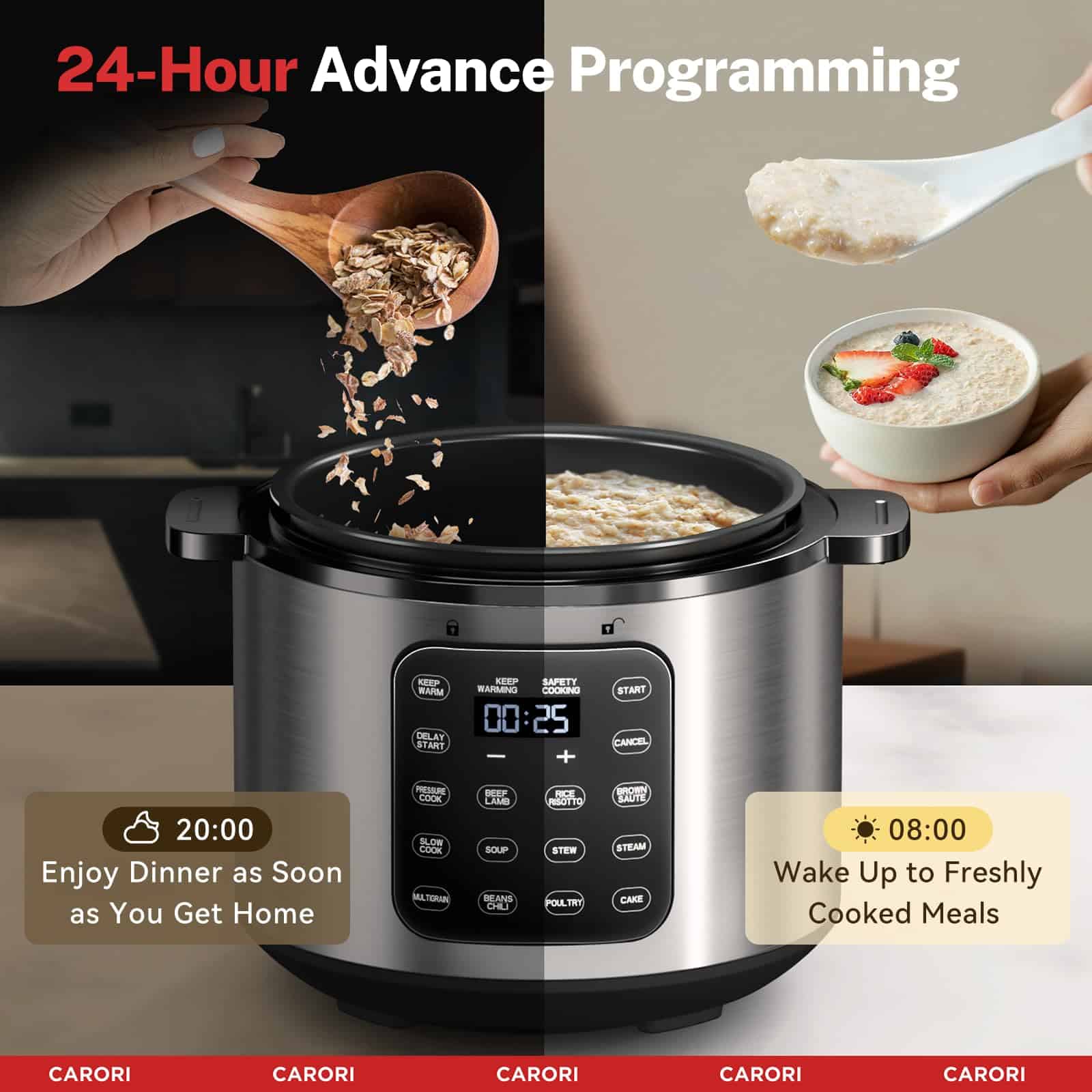 Carori 9-in-1 Electric Pressure Cooker 6 Qt, Programmable Multi-Function Cooker with Safer Venting Design, 1000W, Stainless Steel