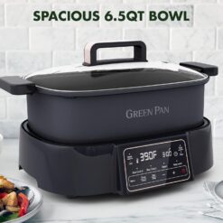 GreenPan 6.5QT Multi-Cooker Skillet Grill & Slow Cooker, 8-in-1 Presets to Saute,Steam, Grill, Stew, Stir-Fry,Heat, & Cook Rice, Matte Black