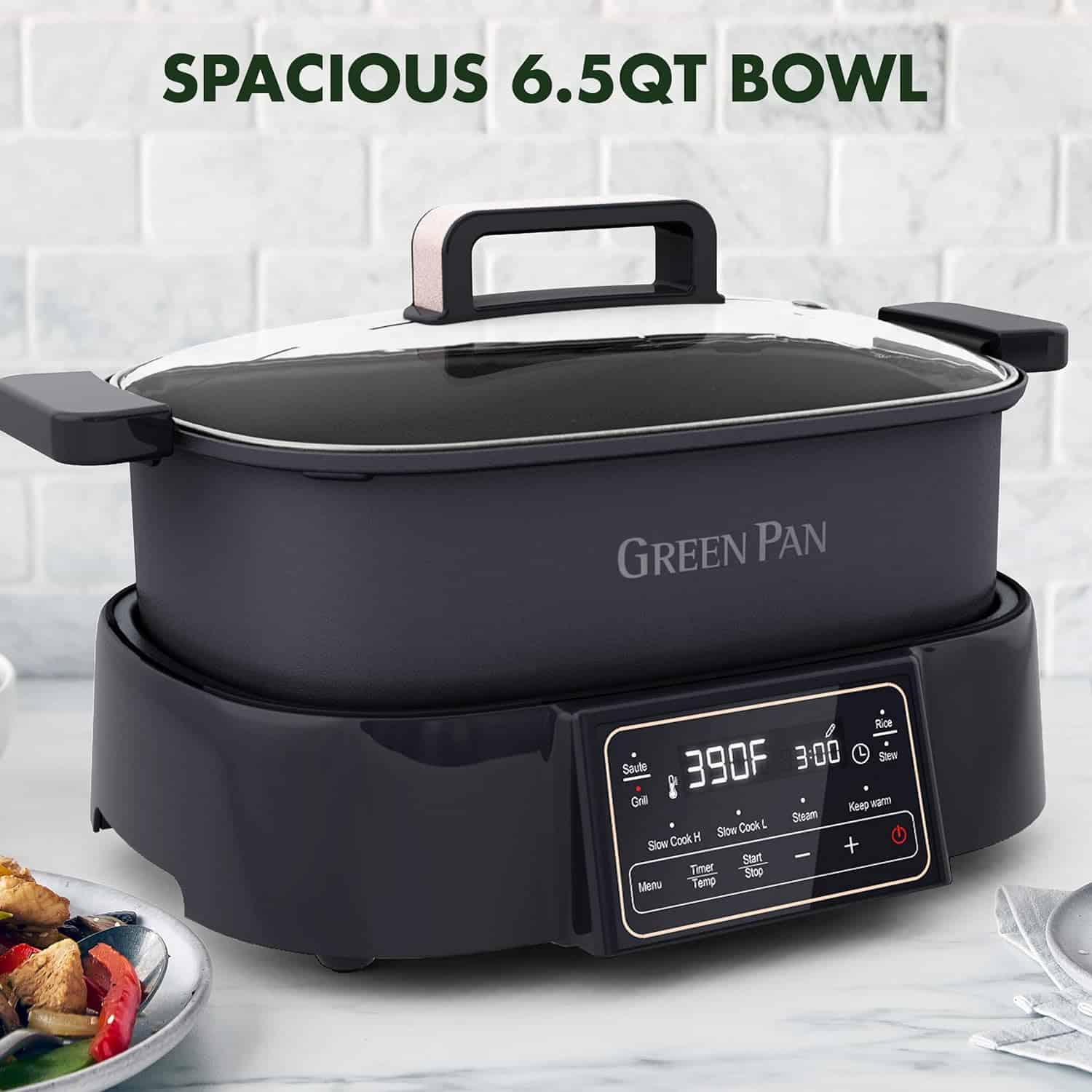 GreenPan 6.5QT Multi-Cooker Skillet Grill & Slow Cooker, 8-in-1 Presets to Saute,Steam, Grill, Stew, Stir-Fry,Heat, & Cook Rice, Matte Black