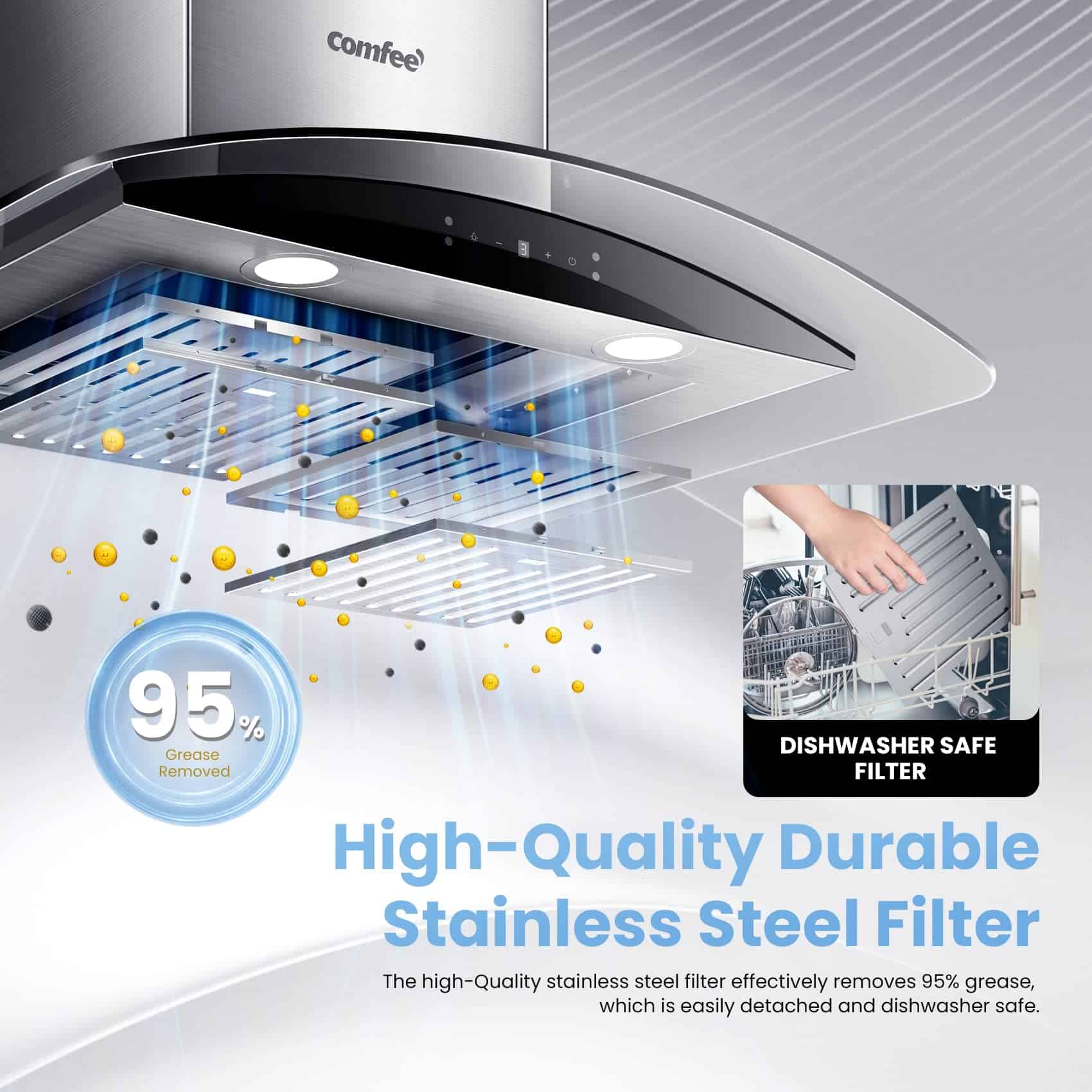 COMFEE Curved Glass Range Hood 30 Inch 450 CFM 3 Speed Gesture Sensing (CVG30W9AST)