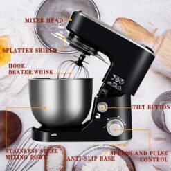 CUSIMAX Dough Mixer Tilt-Head Electric Mixer with 5-Quart Stainless Steel Bowl, Dough Hook, Mixing Beater and Whisk, Splash Guard, Black