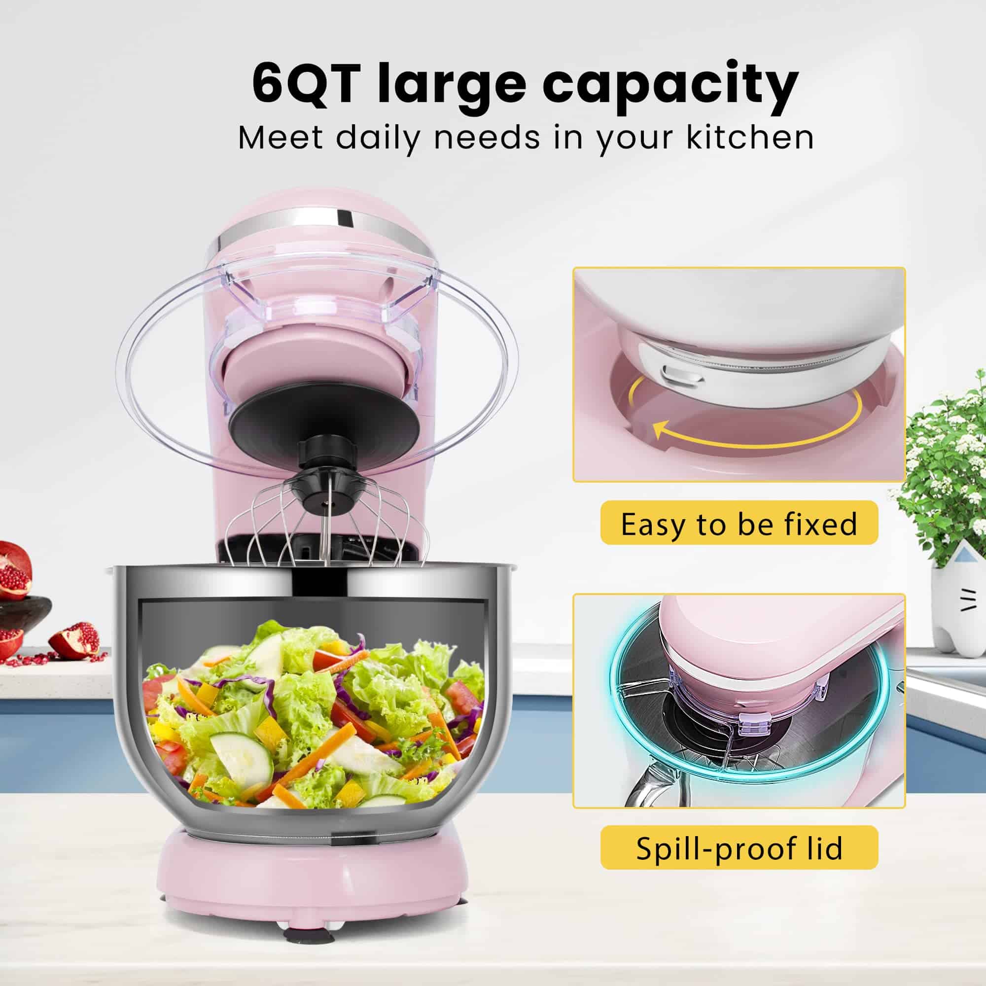 VIVOHOME Stand Mixer, 660W 10 Speed 6 Quart Tilt-Head Kitchen Electric Food Mixer, Pink