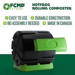 FCMP Outdoor HOTFROG Rolling 37-Gallon Single Chamber Batch Tumbling Composter, Black & Green