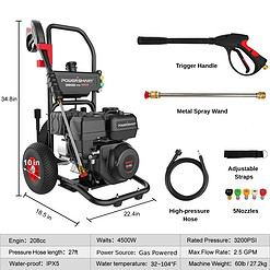 PowserSmart Gas Pressure Washer 3200 PSI, 2.5 GPM with Soap Tank, Metal Spray Wand, 5 Nozzles for House, Driveways (DB1051)