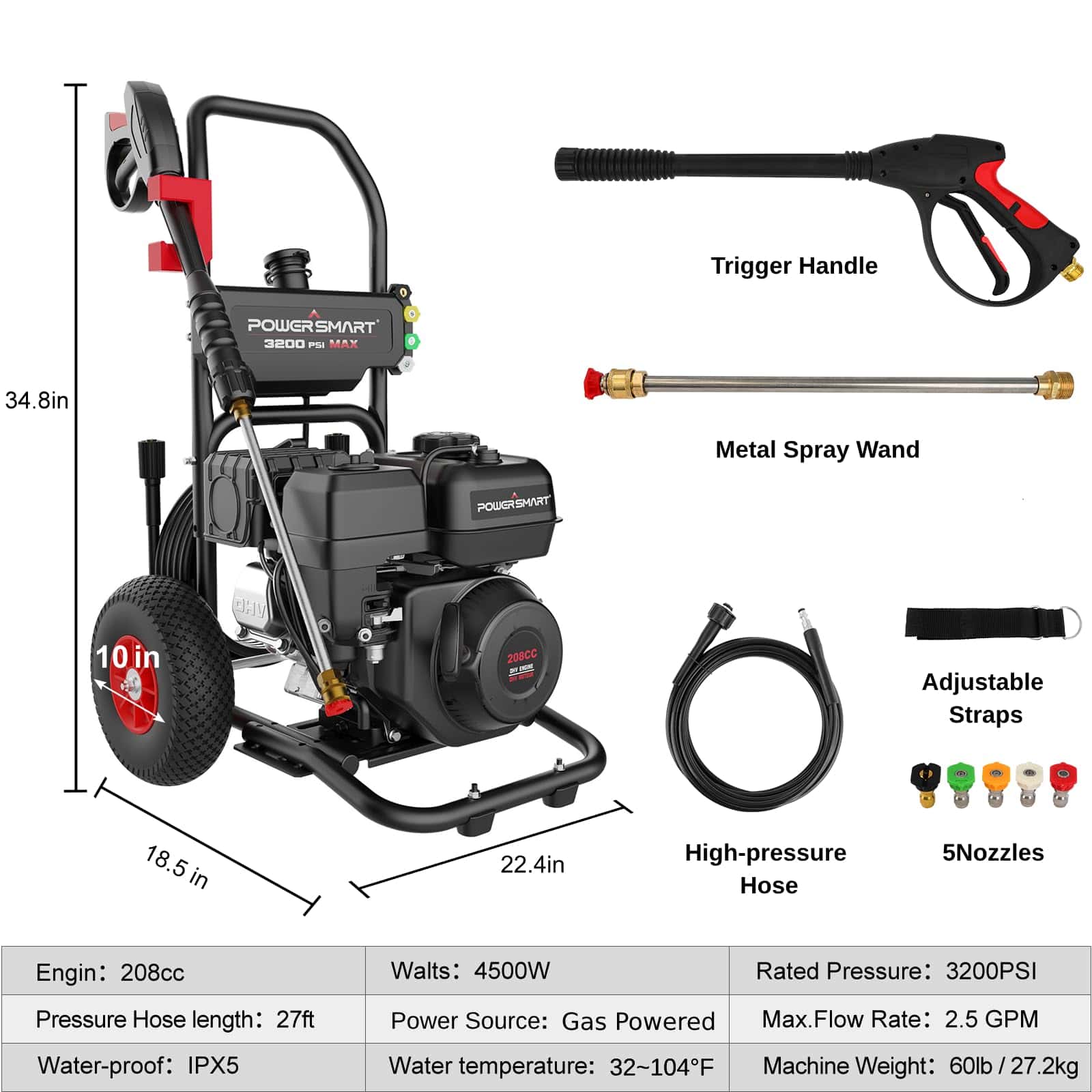PowserSmart Gas Pressure Washer 3200 PSI, 2.5 GPM with Soap Tank, Metal Spray Wand, 5 Nozzles for House, Driveways (DB1051)