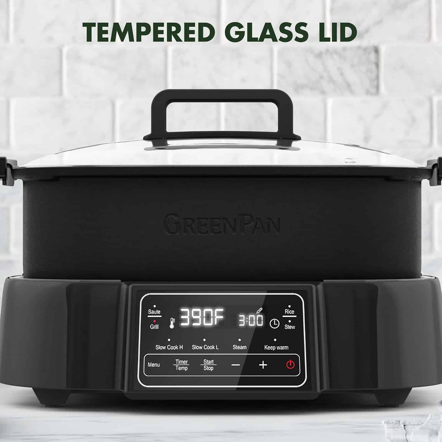 GreenPan 6.5QT Multi-Cooker Skillet Grill & Slow Cooker, 8-in-1 Presets to Saute,Steam, Grill, Stew, Stir-Fry,Heat, & Cook Rice, Matte Black