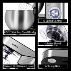 CUSIMAX 6.5QT Stainless Steel Mixer 6-Speeds Tilt-Head Dough Mixers for Baking, Silver
