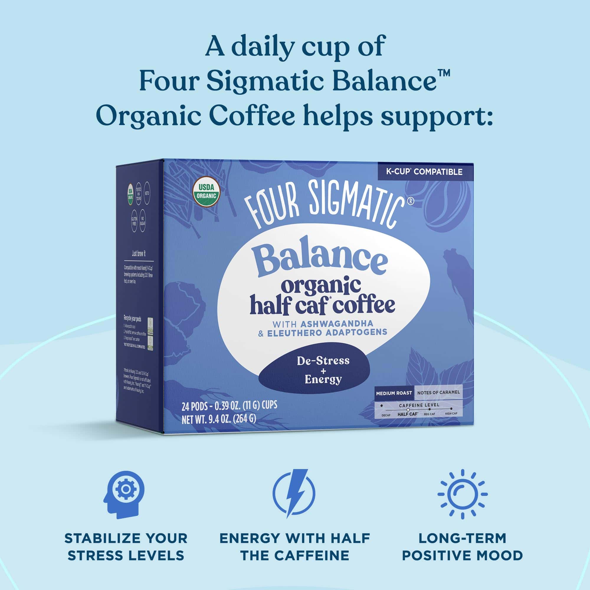 Four Sigmatic Adaptogen Coffee K-Cups, Organic Medium Roast Ground Coffee, 24 Count