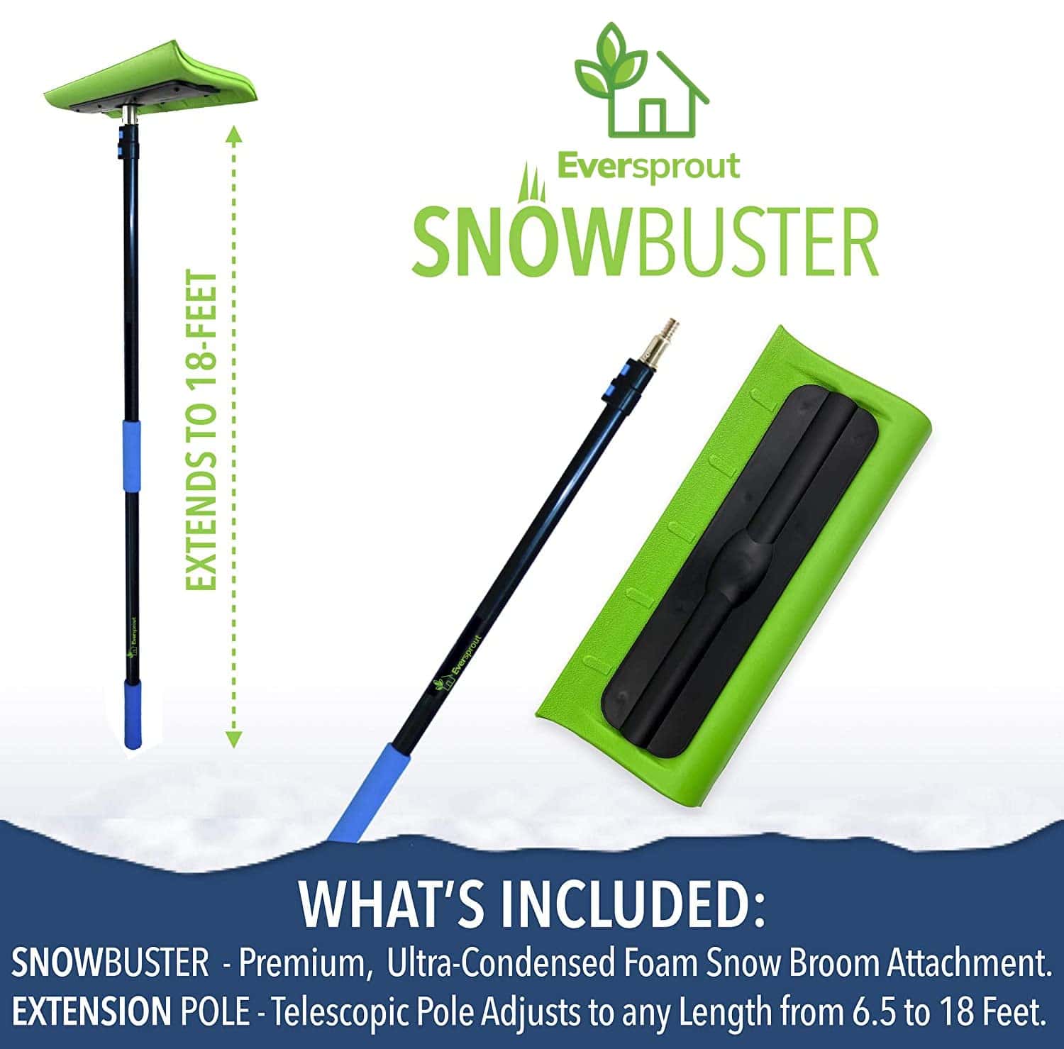 EVERSPROUT Never-Scratch SnowBuster 6.5-to-18 Foot (Up to 24 ft Standing Reach), Pre-Assembled Extendable Roof Rake