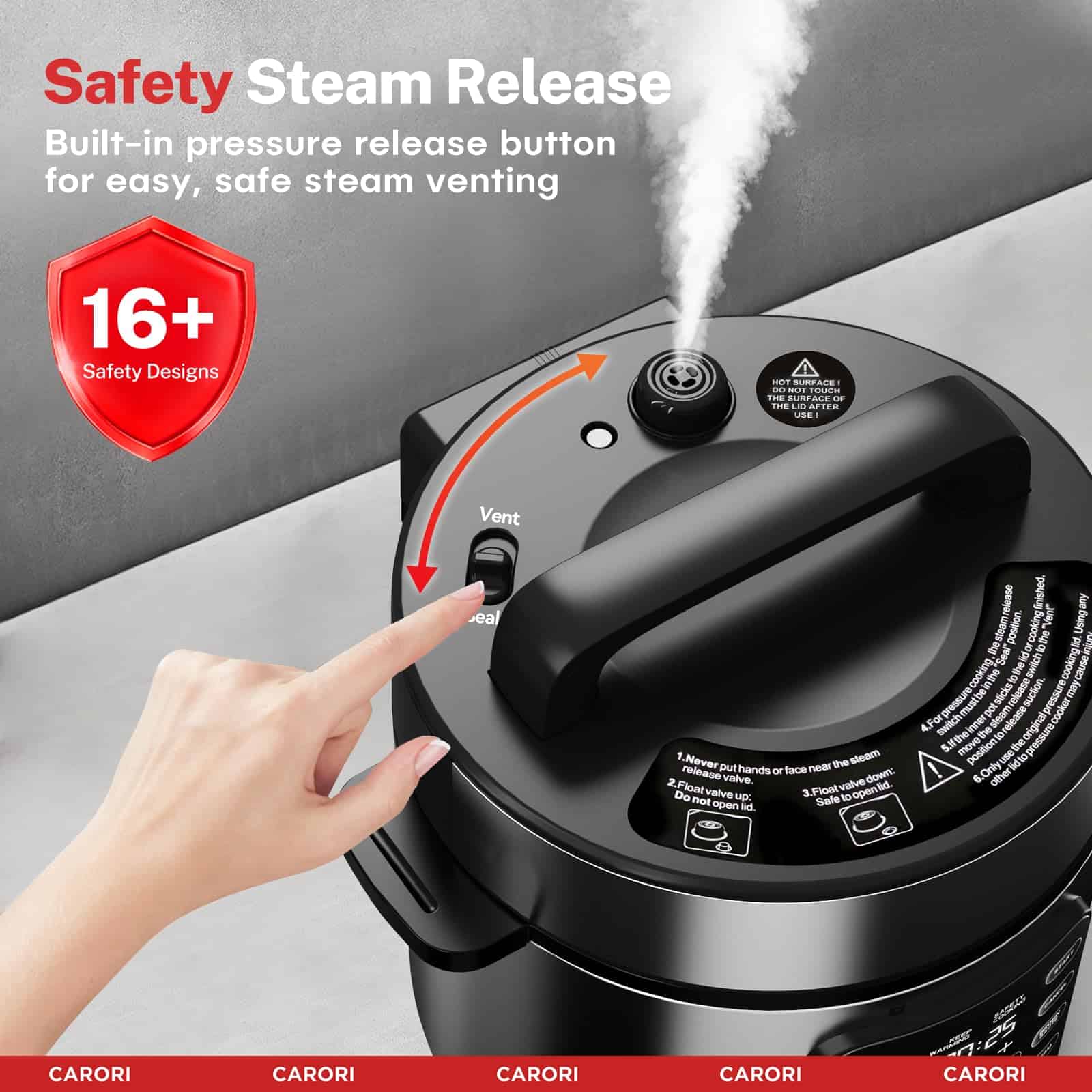 Carori 9-in-1 Electric Pressure Cooker 6 Qt, Programmable Multi-Function Cooker with Safer Venting Design, 1000W, Stainless Steel