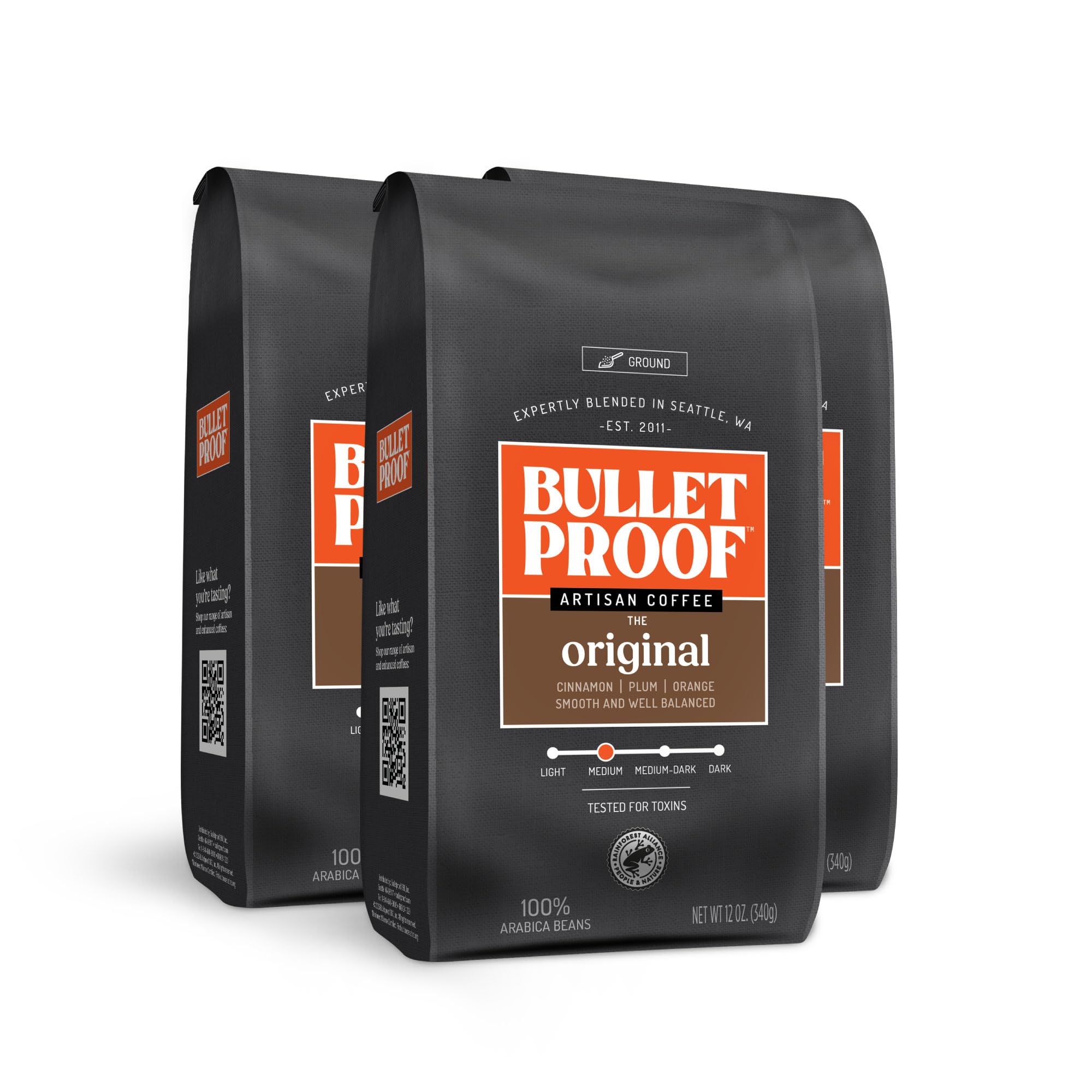 Bulletproof Original Medium Roast Ground Coffee, 12 Ounces (Pack of 3), 100% Arabica Coffee Sourced from Central and South America