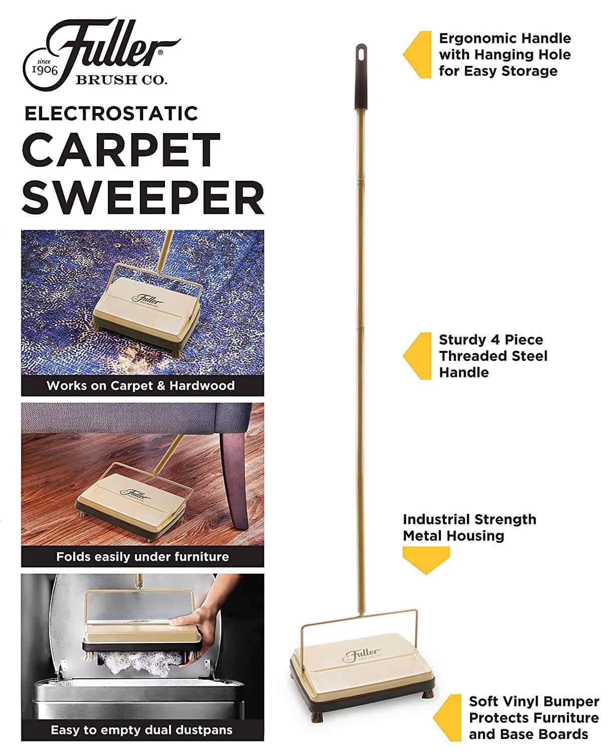 Fuller Brush Electrostatic Carpet & Floor Sweeper - 9" Cleaning Path - Lightweight - Ideal for Crumby Messes - Gold