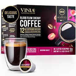 VINIA Blood Flow Energy Coffee Pods - Medium Roast Infused with Red Grape Piceid Resveratrol, 30 Count