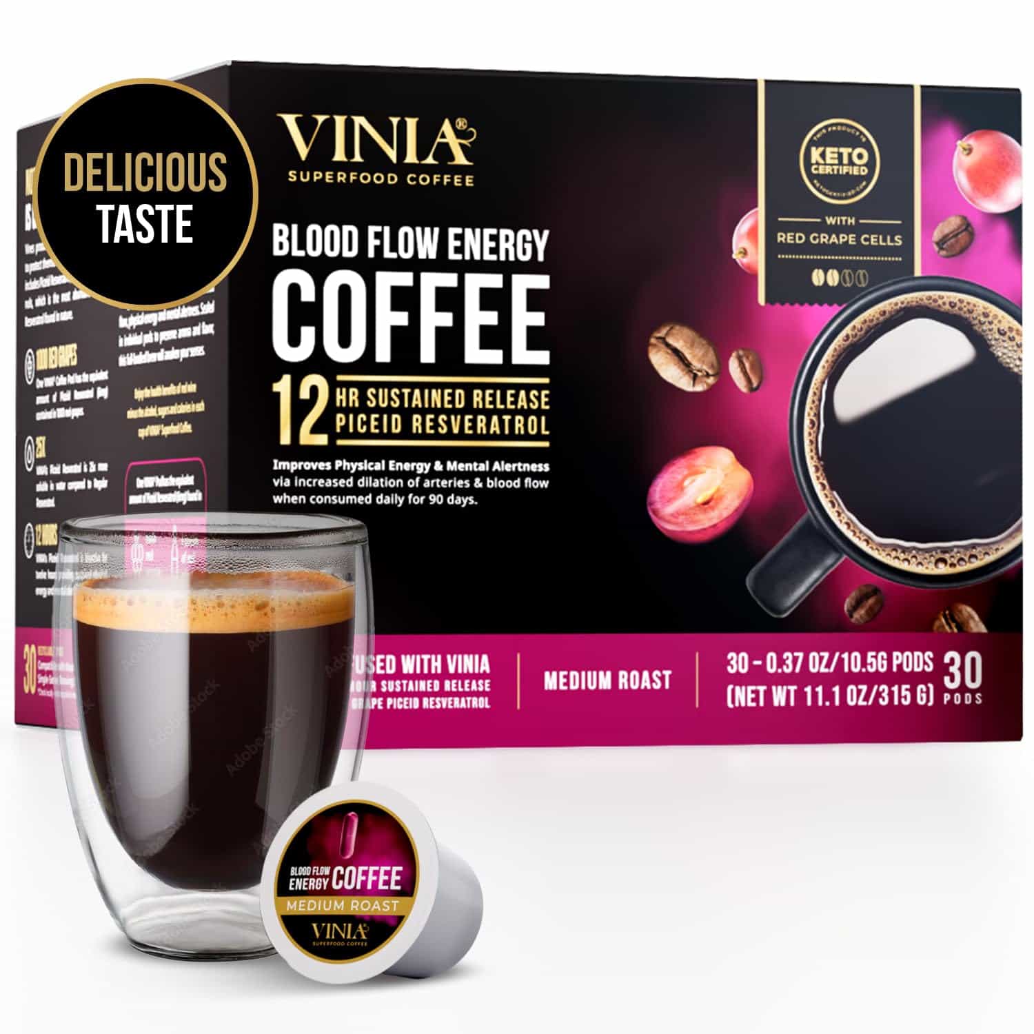 VINIA Blood Flow Energy Coffee Pods - Medium Roast Infused with Red Grape Piceid Resveratrol, 30 Count