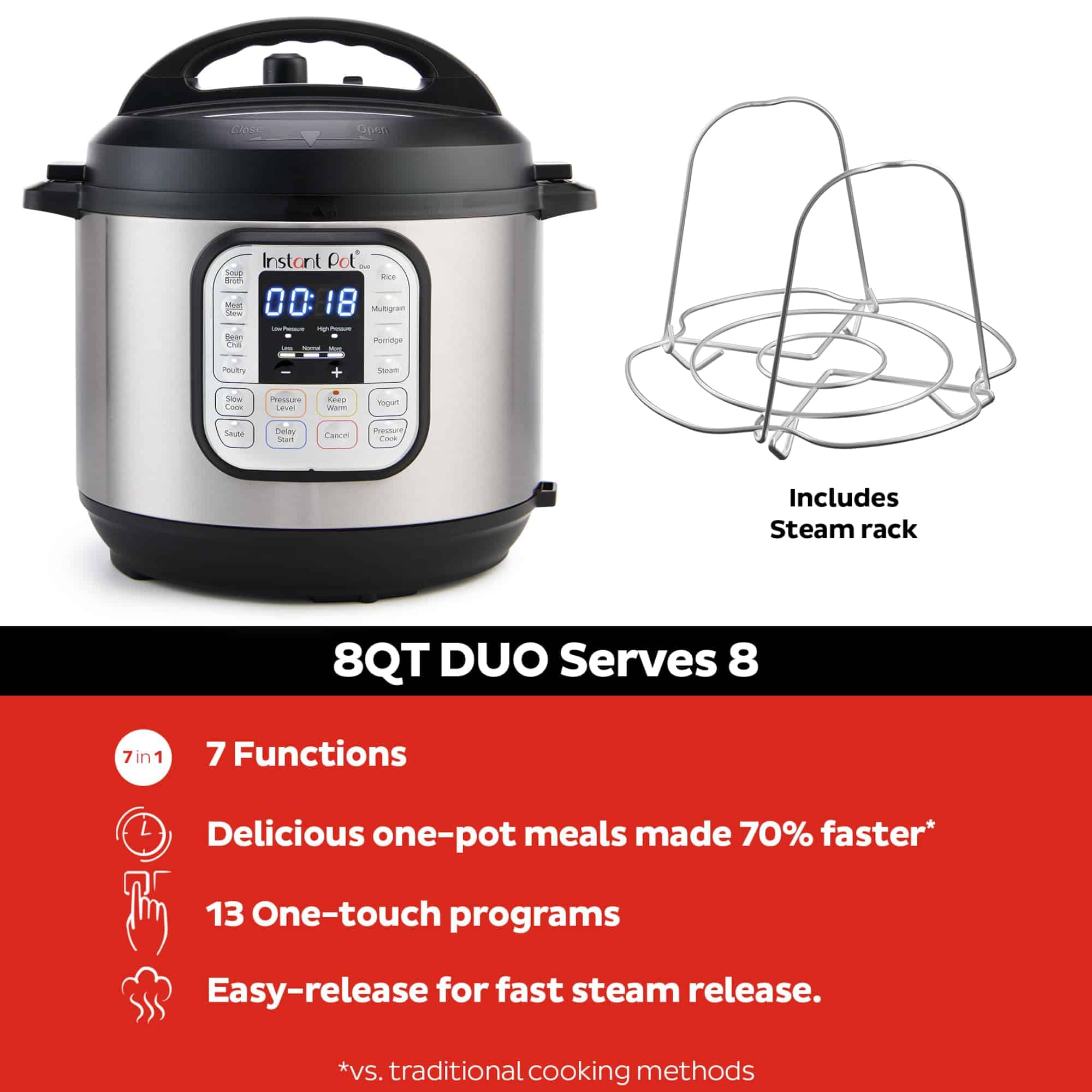 Instant Pot Duo 7-in-1 Electric Pressure Cooker, Slow Cooker, Rice Cooker, Steamer, Sauté, Yogurt Maker, Stainless Steel, 8 Quart