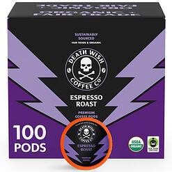 Death Wish Coffee - Single Serve Pods - Dark Roast Coffee Pods - Made with USDA Certified Organic (Espresso Roast, 100 Count)