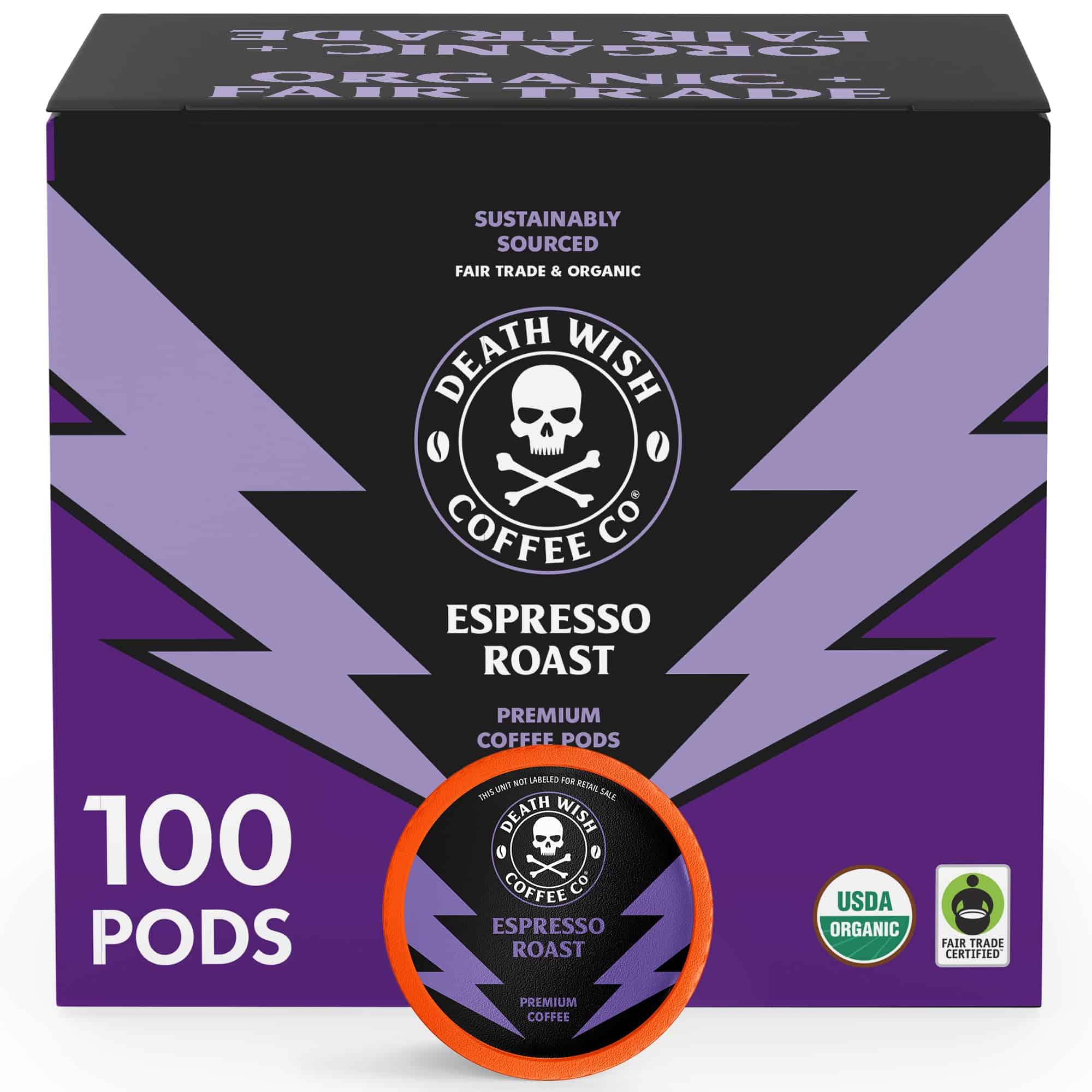 Death Wish Coffee - Single Serve Pods - Dark Roast Coffee Pods - Made with USDA Certified Organic (Espresso Roast, 100 Count)