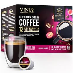 VINIA Blood Flow Energy Coffee Pods - Medium Roast Infused with Red Grape Piceid Resveratrol, 30 Count
