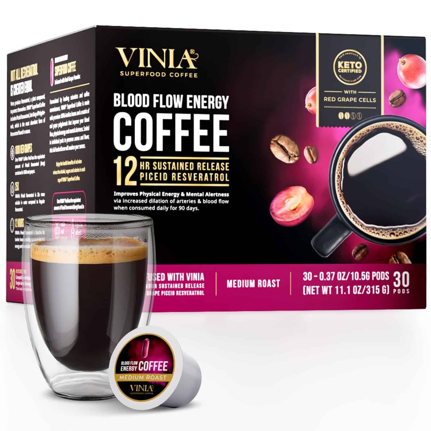 VINIA Blood Flow Energy Coffee Pods - Medium Roast Infused with Red Grape Piceid Resveratrol, 30 Count