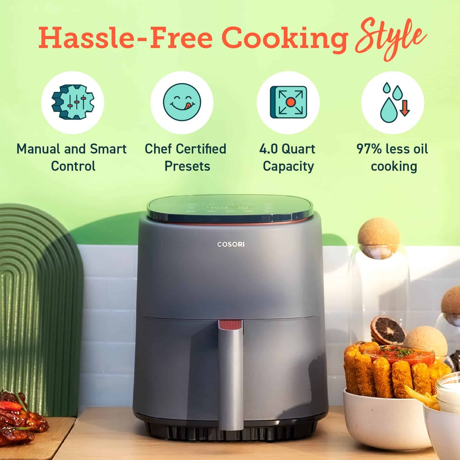 COSORI Air Fryer 4 Qt, 7 Cooking Functions Airfryer, Lite 4.0-Quart, Smart, Truffle Gray