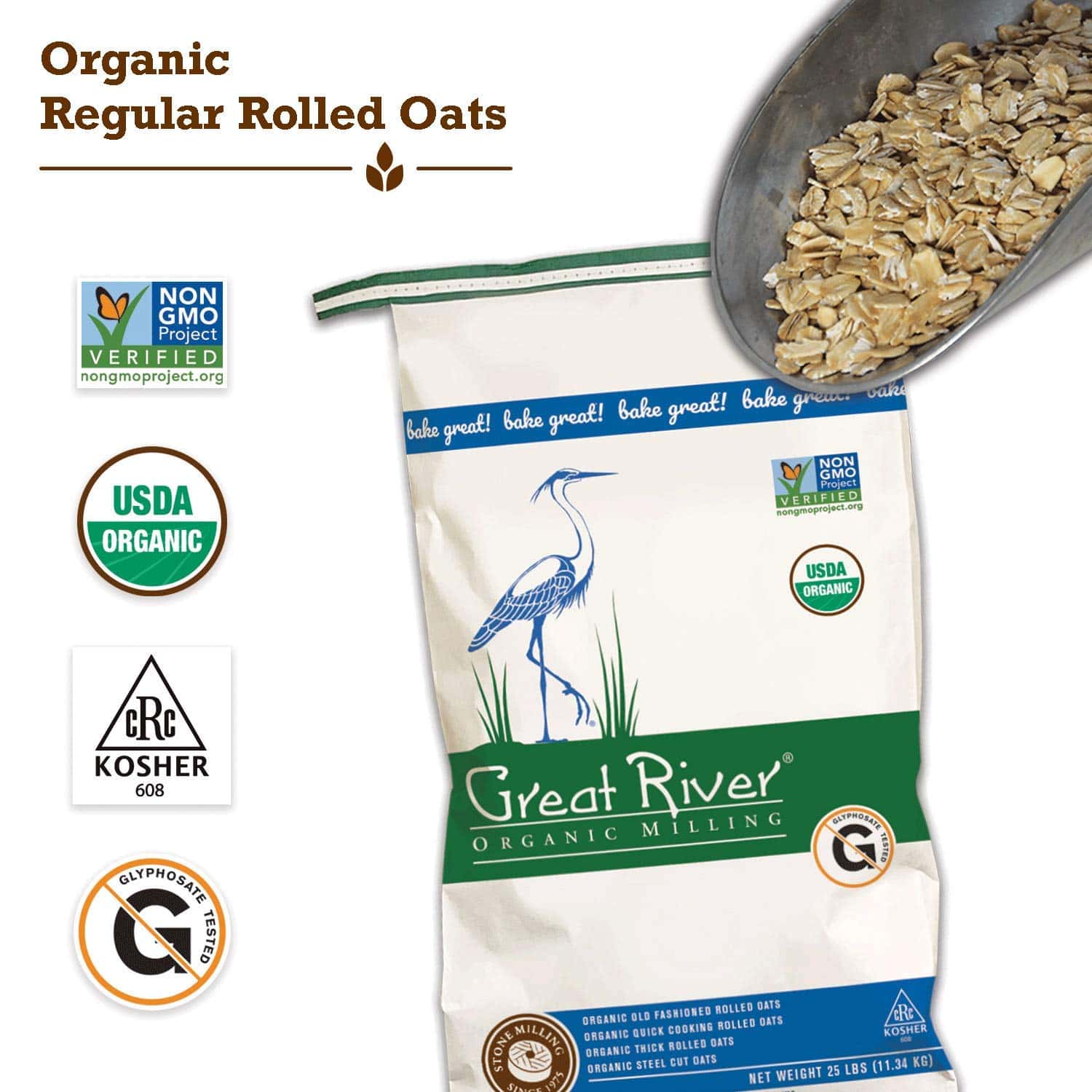 Great River Organic Milling, Oatmeal, Regular Rolled Oats, Organic, 25-Pounds (Pack of 1)