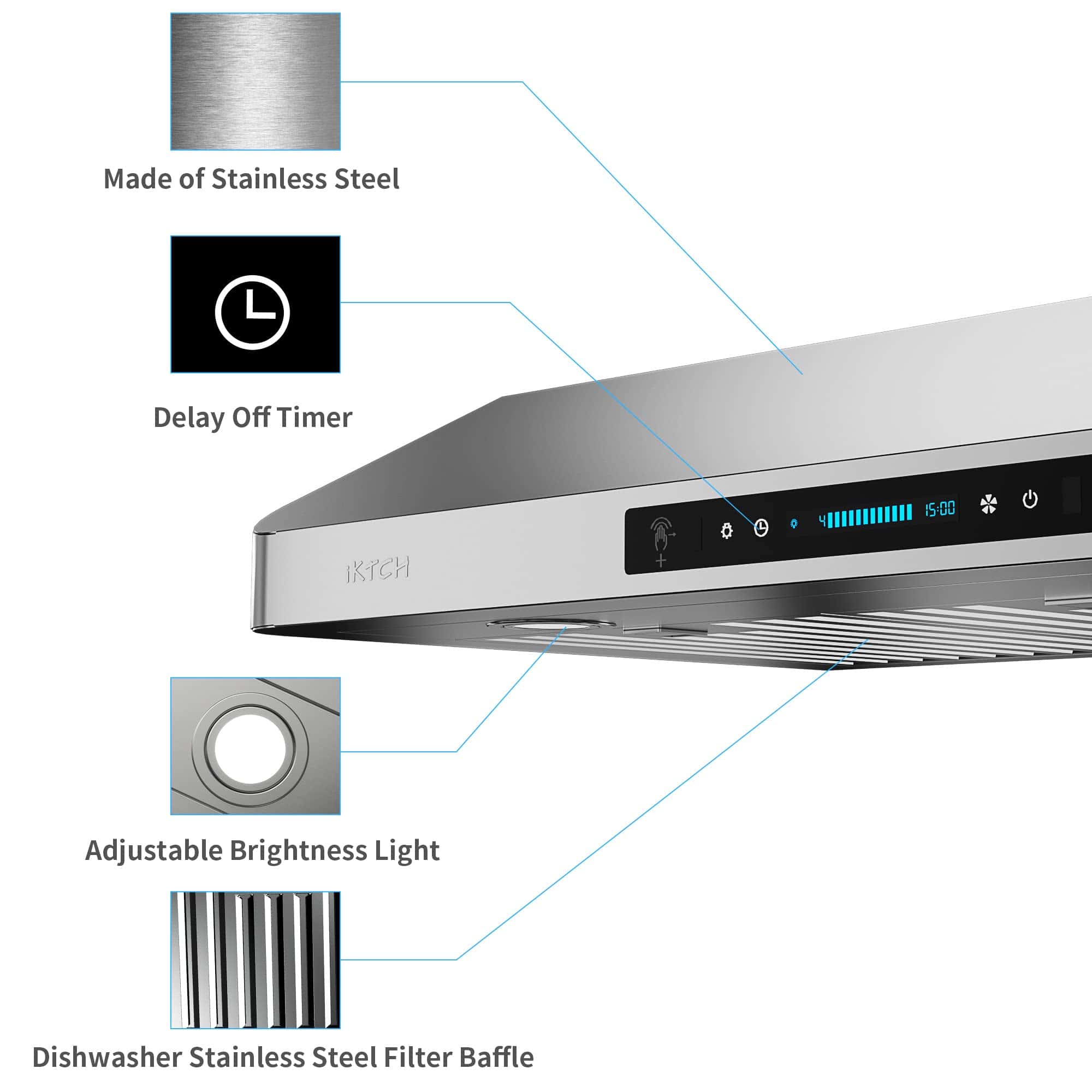 IKTCH 30 Inch Under Cabinet Range Hood with 900-CFM, 4 Speed Gesture Sensing & Touch Control Panel (IKC01-30)
