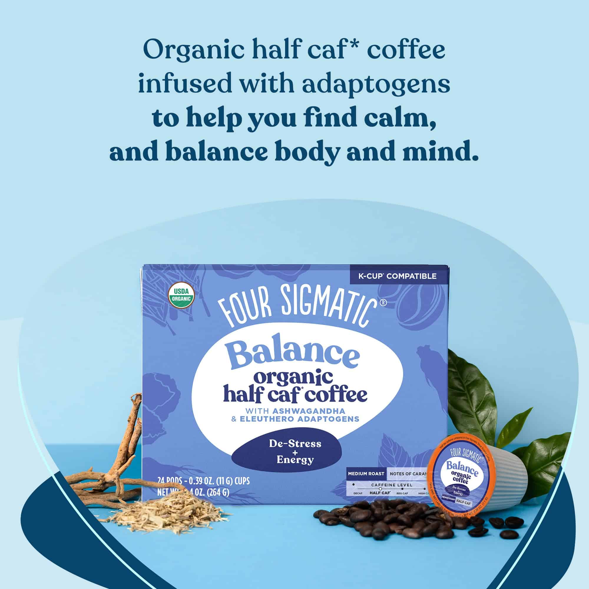 Four Sigmatic Adaptogen Coffee K-Cups, Organic Medium Roast Ground Coffee, 24 Count