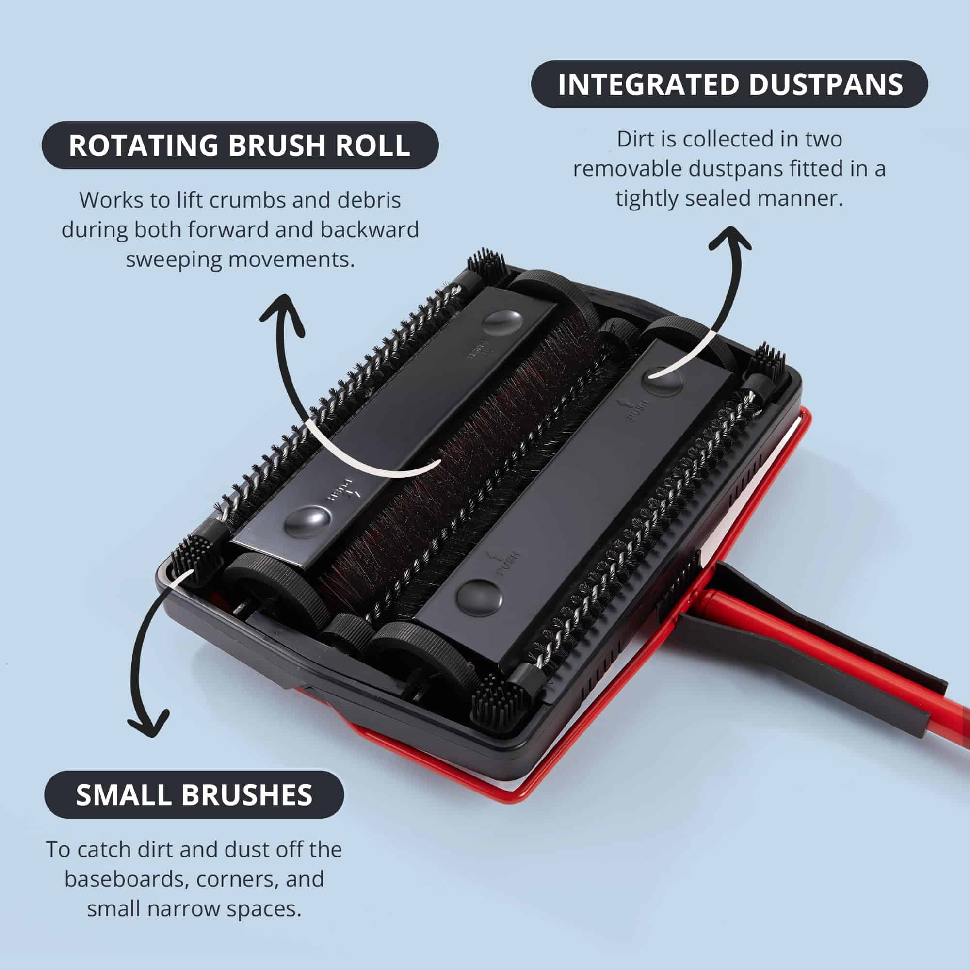 Casabella Electrostatic Floor And Carpet Sweeper, Non-Electric Vacuum Broom and Hand Push Floor Sweeper, Red