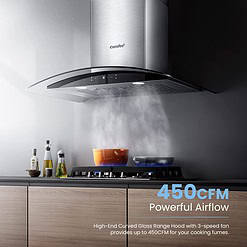 COMFEE Curved Glass Range Hood 30 Inch 450 CFM 3 Speed Gesture Sensing (CVG30W9AST)