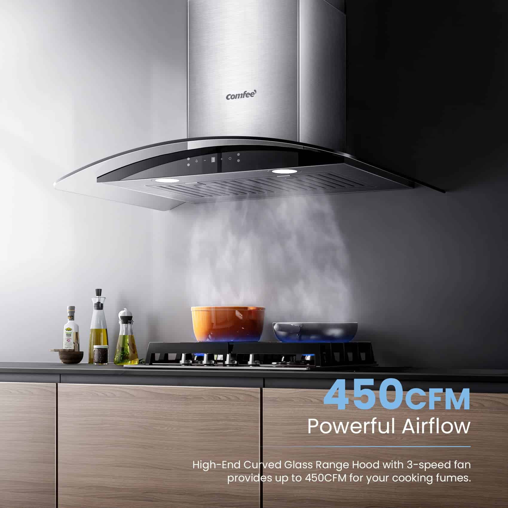 COMFEE Curved Glass Range Hood 30 Inch 450 CFM 3 Speed Gesture Sensing (CVG30W9AST)