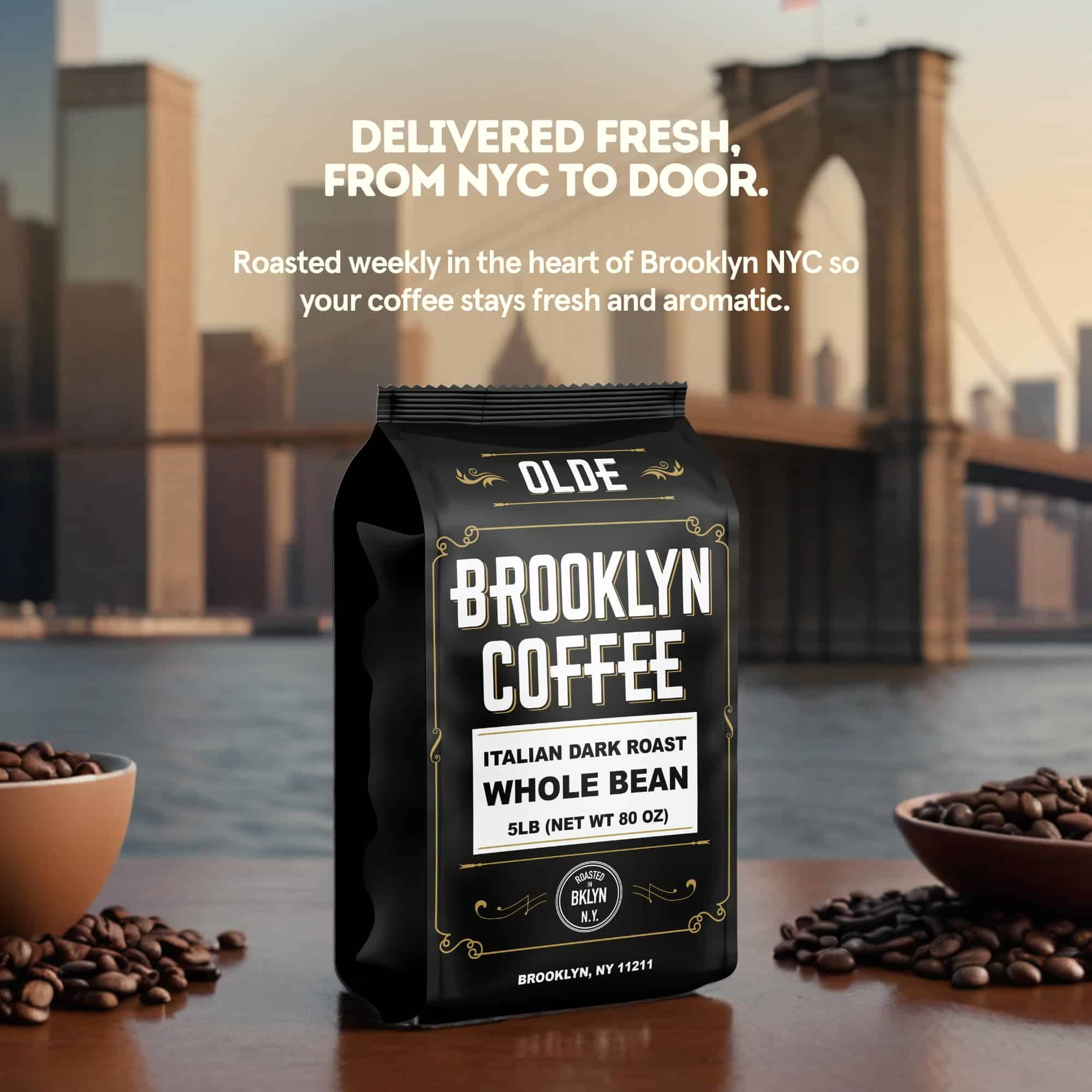 BROOKLYN COFFEE Whole Bean, Italian Dark Roast (5lb) Extra Strong, Delicious Taste, Heavenly Aroma